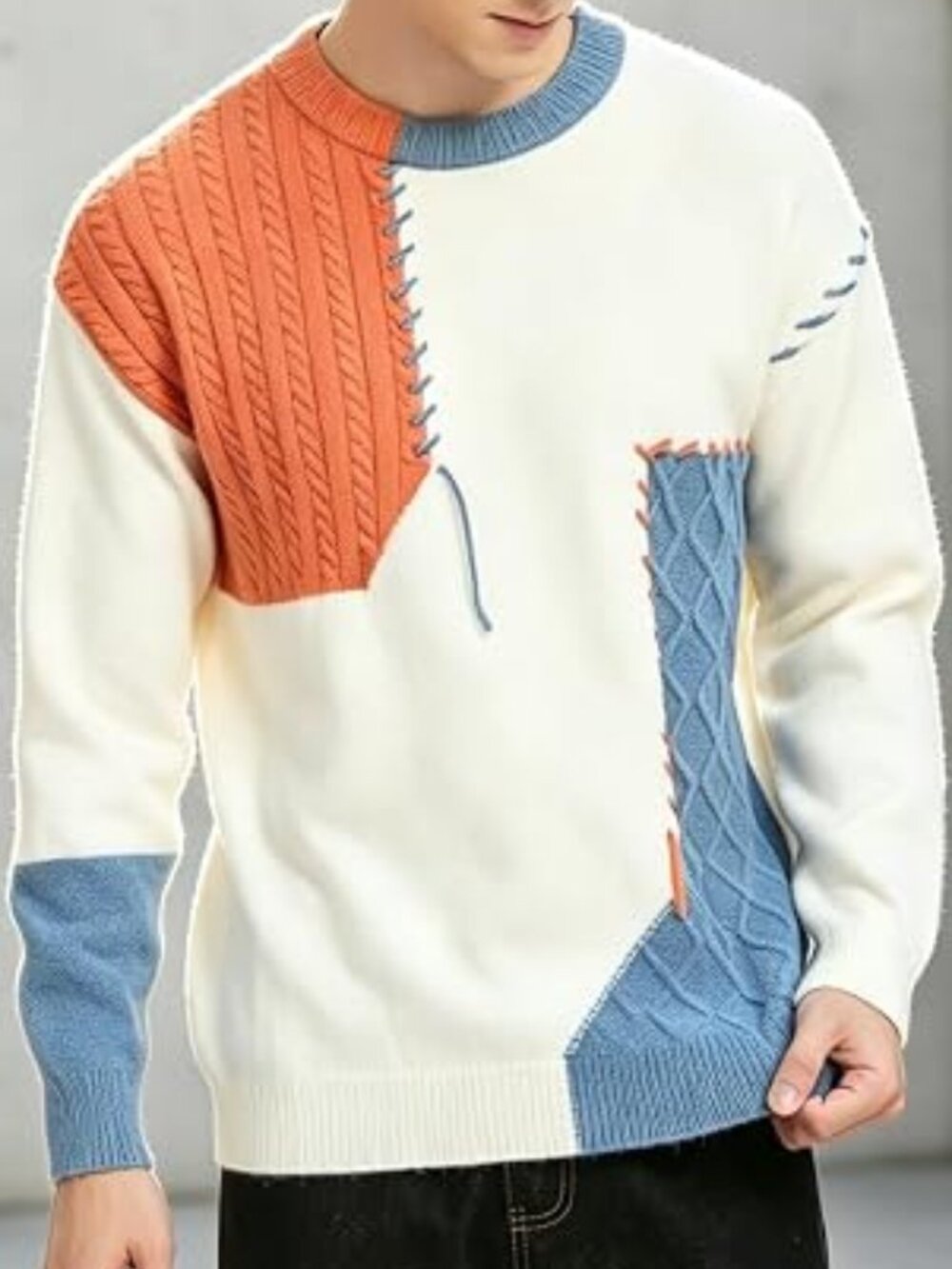 Korean Style Patchwork Color Block Cardigan Sweater Knit White Blue Medium M